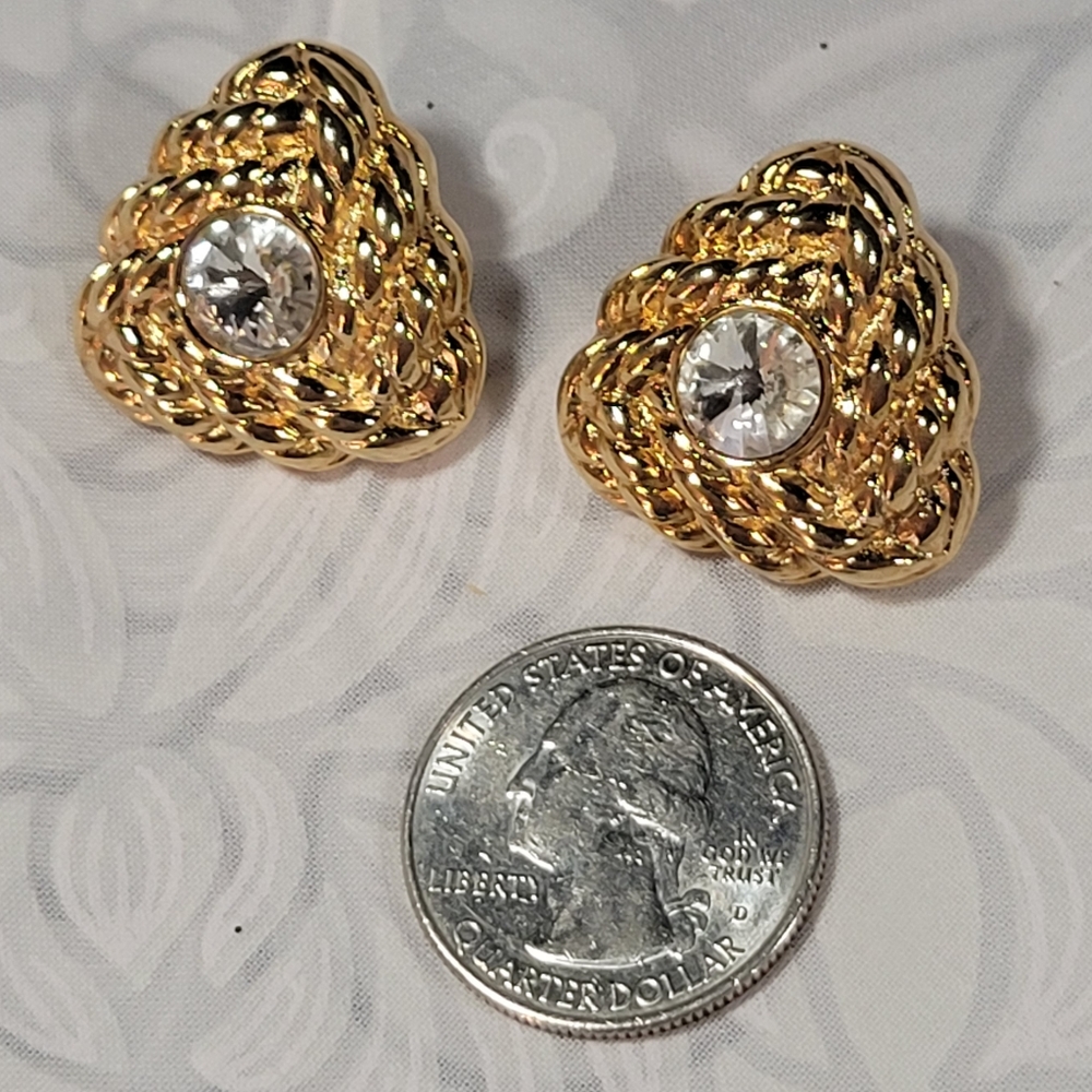 Pierced earrings goldtone and rhinestone 1980s